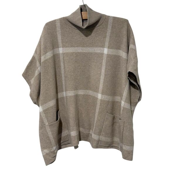Ann Taylor | Poncho Sweater Pullover Windowpane Neutral Pockets- Medium Large - Picture 1 of 10